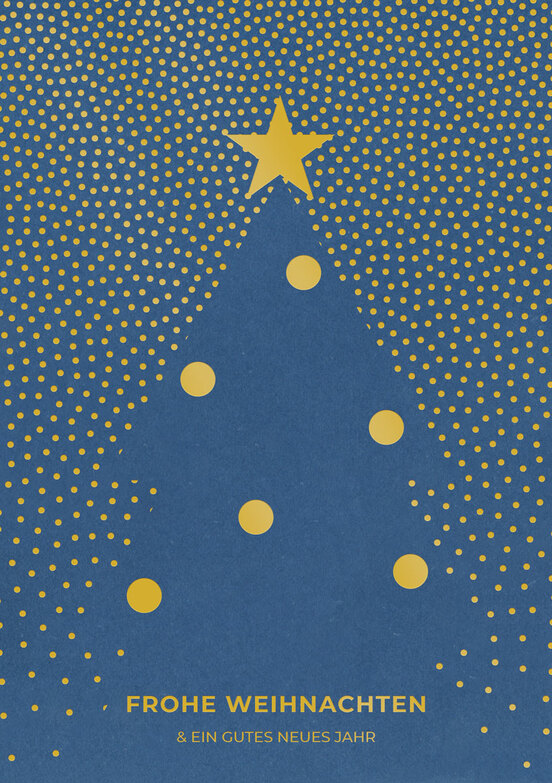 Weihnachtskarte: Goldpunktebaum auf Blau