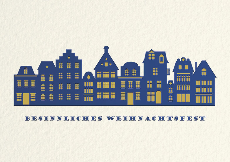 Weihnachtskarte: Häuser mit leuchtenden Fenstern
