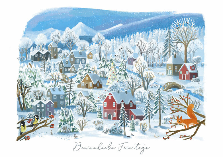 Weihnachtskarte: Verschneites Dorf mit Tieren