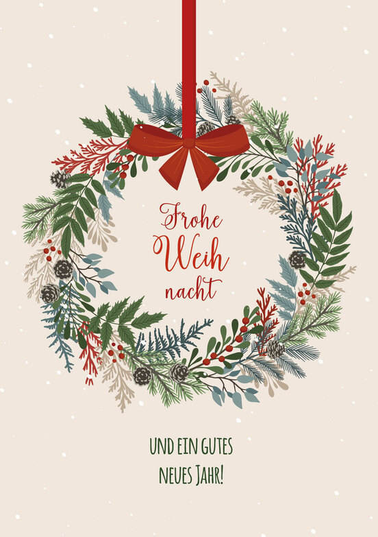 Weihnachtskarte: Kranz aus winterlichen Zweigen und Beeren