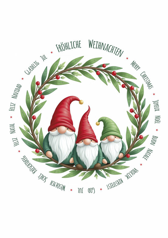 Weihnachtskarte: Zwergentrio im Kranz