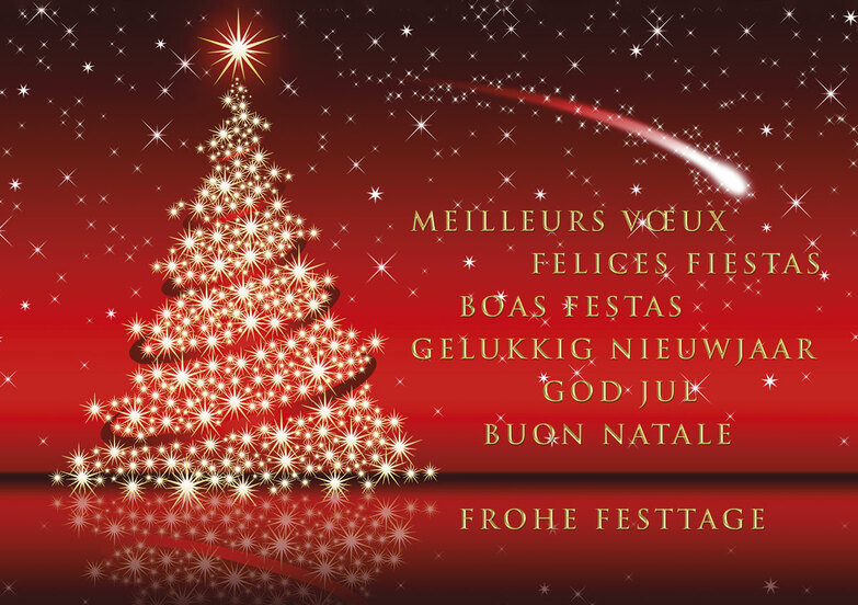 Weihnachtskarte: Festlicher Glitzerbaum auf Rot