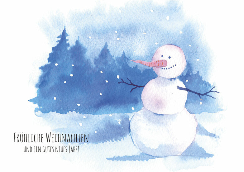 Weihnachtskarte: Freundlicher Aquarell Schneemann