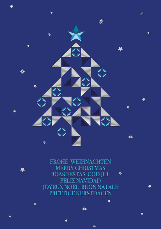 Weihnachtskarte: Technischer Baum auf Blau